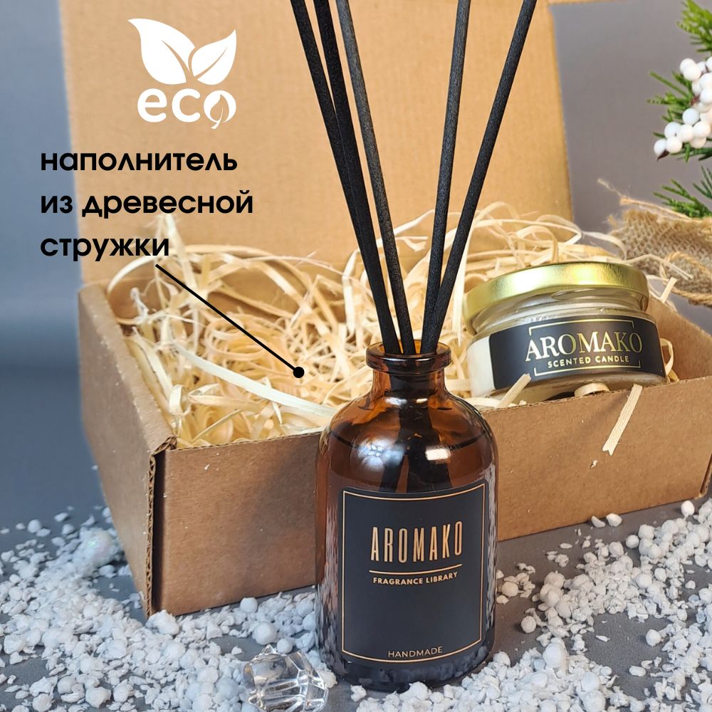 Подарочный набор AromaKo «Сандал и ветивер + Виски и табак», диффузор + свеча